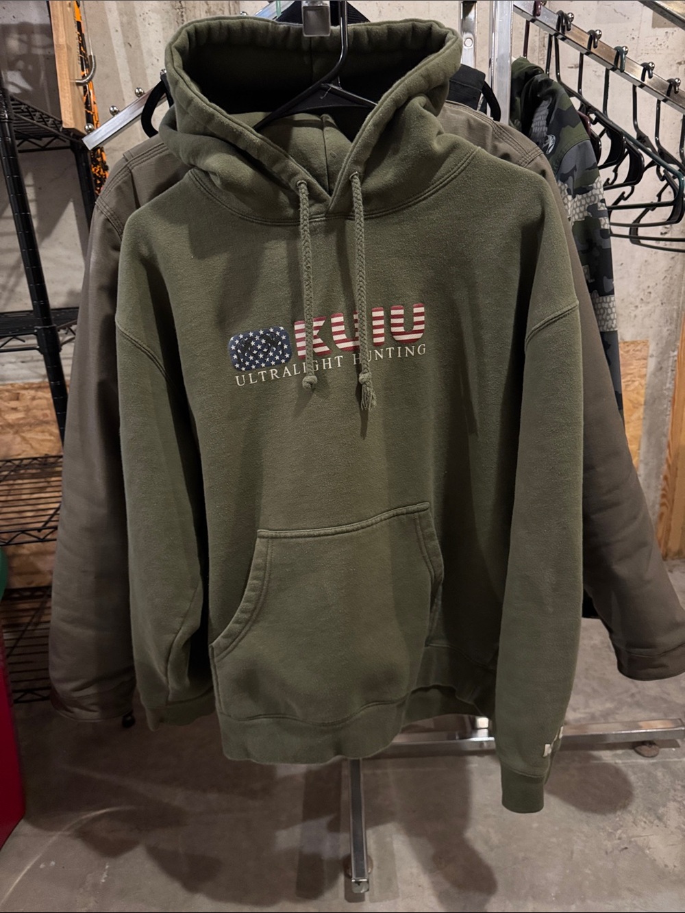KUIU Olive Green Pullover Hoodie with Flag Logo